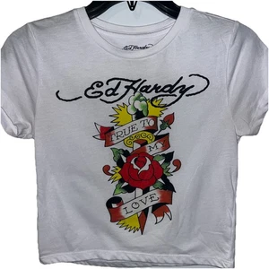 Ed Hardy Damen Medium Baby T-Shirt "True to My Love" Crop Top Y2K Grafik Tattoo - Bild 1 von 5