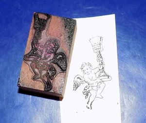 Vintage or Antique Cherub Angel Wood & Metal Letterpress Printers Block - Picture 1 of 2