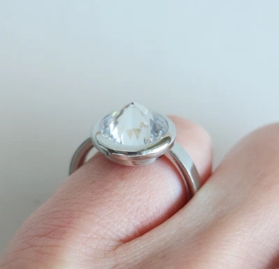 Size 5 Stainless Steel Ring w/ Large Faceted Clear Crystal Solitaire - Image 1 of 4