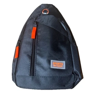 Schwarzer Sling Rucksack Umhängetasche Brusttasche Sport Daypack mit orangefarbenen Reißverschlüssen - Bild 1 von 4