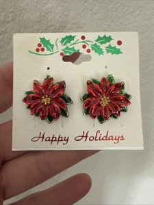 (W) Vintage Ohrringe rot Emaille Weihnachtsstern Strass Gold WEIHNACHTEN Urlaub - Bild 1 von 3