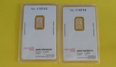 两条精美黄金瑞士信贷自由女神金条每条检测证书 1 克 — 第 1/4 张图片