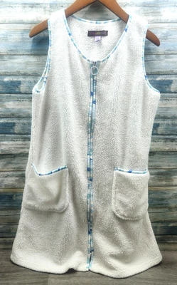 Stan Herman Fleecy Zippered Cover-up Towel Robe Wrap w/Blue Trim Med-Cozy - Image 1 of 4