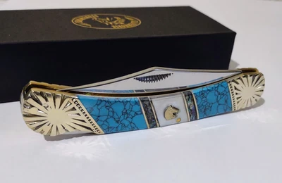 VINTAGE BLUE TURQOUISE LOCKBACK HUNTING POCKET KNIFE W/ M.O.P. SILVER HORSE !!! - Image 1 of 4