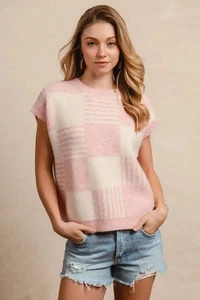 BiBi Crew Neck Checker with Stripes Print Sleeveless Relaxed Fit Sweater | Blush - Picture 1 of 11