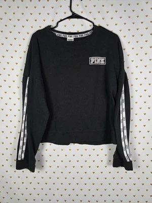 Victorias Secret Pink Black striped logo sweater shirt MEDIUM - Image 1 of 2