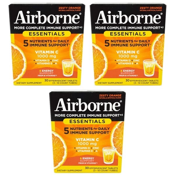 Airborne Zesty Orange Vitamina C Apoyo Inmunológico 30 Comprimidos Lote de 3 Foto 1 de 4