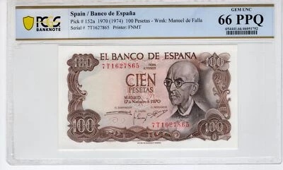 Spain 1970 100 Pesetas PCGS Banknote UNC 66 PPQ Pick 152a - Image 1 of 2