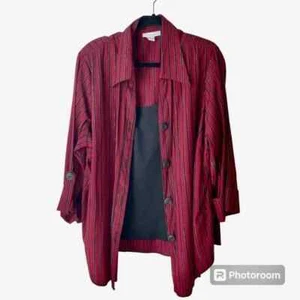 Dressbarn Button Up Blouse Built In Tank Shell Red/Black/Silver Striped Sz 22/24 - Picture 1 of 14