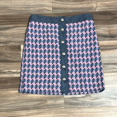 Talbots Petite Women’s 4 Petite Denim Trim Basket Tweed Skirt Blue Pink Button - Image 1 of 4
