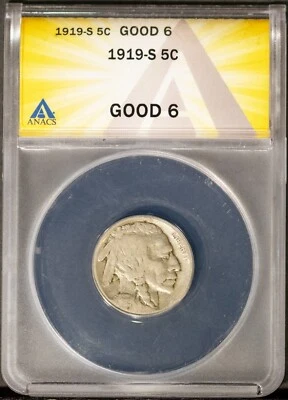 1919-S 5c Indian Head Buffalo Nickel G-6 ANACS # 7573630 + Bonus - Image 1 of 2
