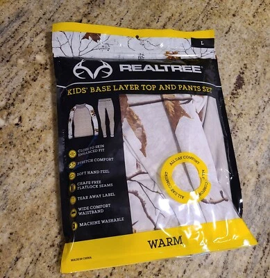 New! RealTree Youth Size L Base Layer Top & Pants Set White Camo Sticks Leaves - Image 1 of 4