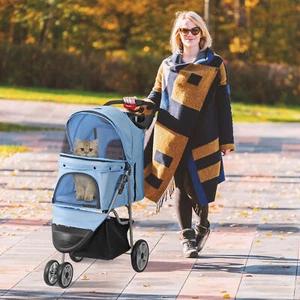 3 Wheels Dog Cat Puppy Doggy Jogging Stroller w/ Basket and Cup Holder Blue - Picture 1 of 24
