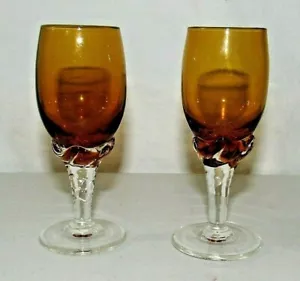 AMBER GLASS SWIRL PEDESTAL CORDIAL GLASS SET OF TWO - Picture 1 of 4
