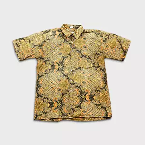 VTG 90s Anchor Blue Batik Shirt Mens Large Yellow Paisley Floral Rayon Hawaiian - Picture 1 of 7