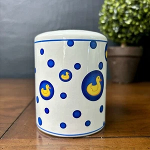 Vintage Ceramic RUBBER DUCKY Toothbrush White Blue Dots HolderYellow Duck CUTE! - Picture 1 of 7