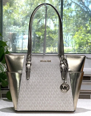 BOLSO DE HOMBRO GRANDE MICHAEL KORS CHARLOTTE MK METÁLICO DORADO PÁLIDO LOGO Foto 1 de 4