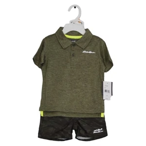 Eddie Bauer Boys Olive Short Sleeve Polo Shirt & Jersey Shorts 2 Lot Set 12M NWT - Picture 1 of 3
