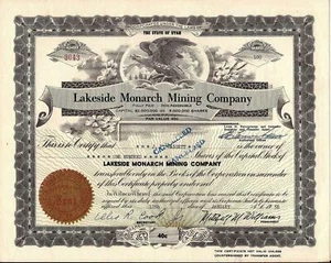 Lakeside Monarch Mining Company Aktienzertifikat Utah, datiert 1956 100 Aktien  - Bild 1 von 2