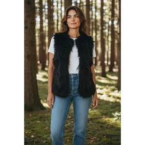 Ann Taylor LOFT Faux Fur Vest Black Sleeveless Casual Party Layering Women's M - Picture 1 of 7