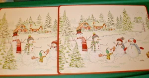 2 manteles individuales Williams Sonoma muñeco de nieve escena de invierno corcho trasero 16"x12" - Imagen 1 de 5