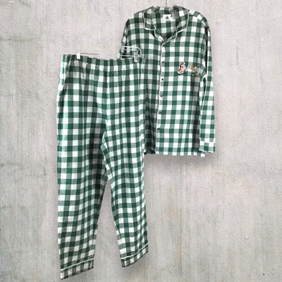 Disney Men’s Mickey & Donald Holiday Pajama Set Green Plaid Button Top & Pants L - Image 1 of 4