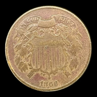 1866 Two Cent Piece 2c USA 2 Cents Antique Copper Coin - Image 1 of 2