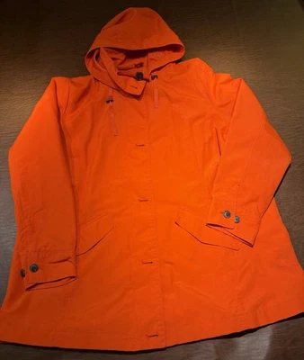 Lands' End Hooded Rain Jacket Women's 1X Orange Color  Full Zip Pockets Buttons - Image 1 of 4