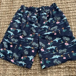 Beverly Hills Polo Club Swim Trunks Mens Small Blue HULA GIRL TROPICAL No Liner - Picture 1 of 7