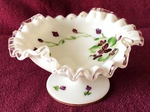 Fenton Silver Crest Purple Flower White Milk Glass Footed Ruffled Compote - Picture 1 of 4