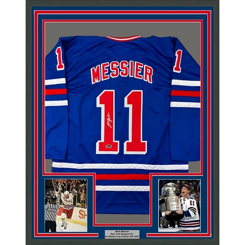 Framed Facsimile Autographed Mark Messier 33x42 Blue Reprint Laser Auto Jersey Cover