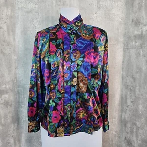 Camicetta vintage anni 80 David Matthew colorata elegante raso dinastia blusa finto collo - Foto 1 di 8