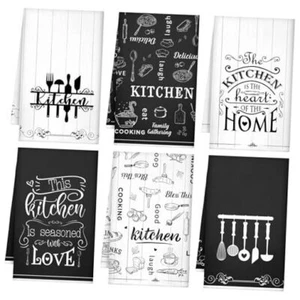6 Pcs Kitchen Towels Absorbent Dish Towels Decorative Tea Black White Food - Picture 1 of 7