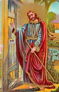 1910 Easter Greetings Jesus at Door Gold Gilt Embossed Antique Postcard - Picture 1 of 2