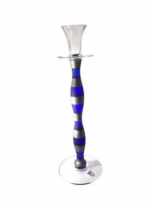 Anne Nilsson Orrefors Crystal Blue and Silver Frosted Stem Candlestick Celeste - Image 1 of 4