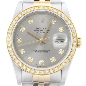 Rolex Mens Datejust 16233 18K Yellow Gold & Steel 2-Tone Gray Dial Diamond Watch - Picture 1 of 7