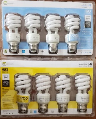 Ecosmart 60W Equivalent 14 Watt 800 Lumens CFL BRIGHT WHITE 8 BULBS (2-4PKs) NEW - Image 1 of 4