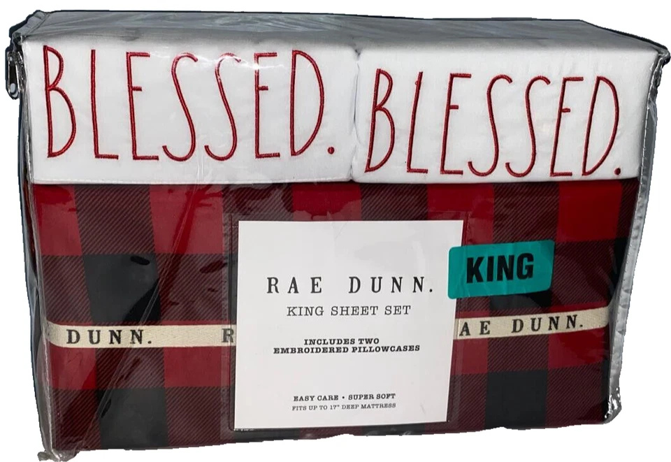 Rae Dunn BLESSED King Buffalo Plaid Christmas Sheet Set  Embroidered Pillowcases - Image 1 of 1