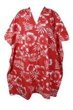 Travel Kaftan Dress, Red Floral Summer Kaftan Cotton Dress, Loose holiday S/M