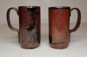 Vintage Glazed Pottery Mugs Iridescent Brown Set of 2 Signed - Picture 1 of 12