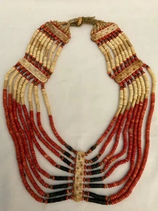 Vintage Handarbeit Koralle Onyx Creme Perlen Multi Strang Latz Halskette Boho Native - Bild 1 von 18