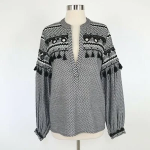 DoDo Bar oder Top Bluse Shirt Damen S Small schwarz weiß bestickt Tasseled Boho - Bild 1 von 9