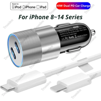 Dual USB C Car Charger Plug PD Fast Charging Cord For iPhone 14 13 12 11 X XR 8 - Image 1 of 4