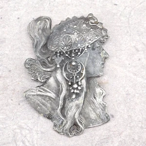 Vintage 1970s Alphonse Mucha Inspired Belt Buckle, Indiana Metal Craft signed - Picture 1 of 8
