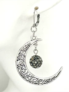 Filigree Crescent Moon Dangle Drop Leverback Earrings with Pavé Rhinestone Beads - Picture 1 of 6