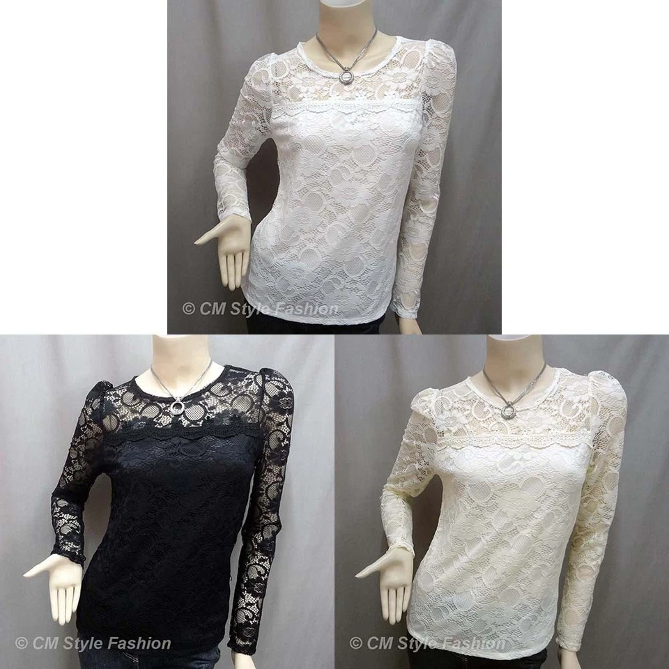 Blusa Top Floral de Encaje Transparente Negra Beige Blanca S Foto 1 de 1