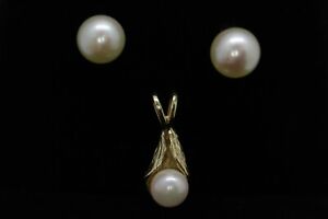 14k Yellow Gold Pearl Stud Earrings and Pendant