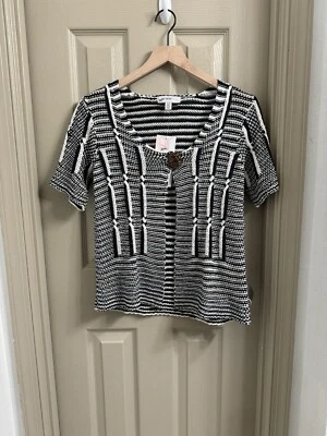 Suéter cárdigan abierto de ganchillo para mujer Lana Lee azul marino y blanco talla S nuevo con etiquetas Foto 1 de 4