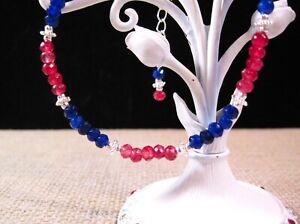 Nice Sterling Silver Hand Cut Facetted Ruby & Sapphire Ankle Bracelet Anklet A9