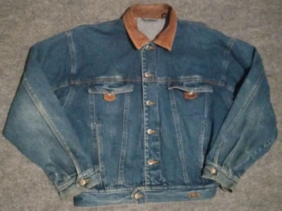 Jaqueta jeans masculina grande gola de couro botão de destaque vintage trabalho rancho - Imagem 1 de 4